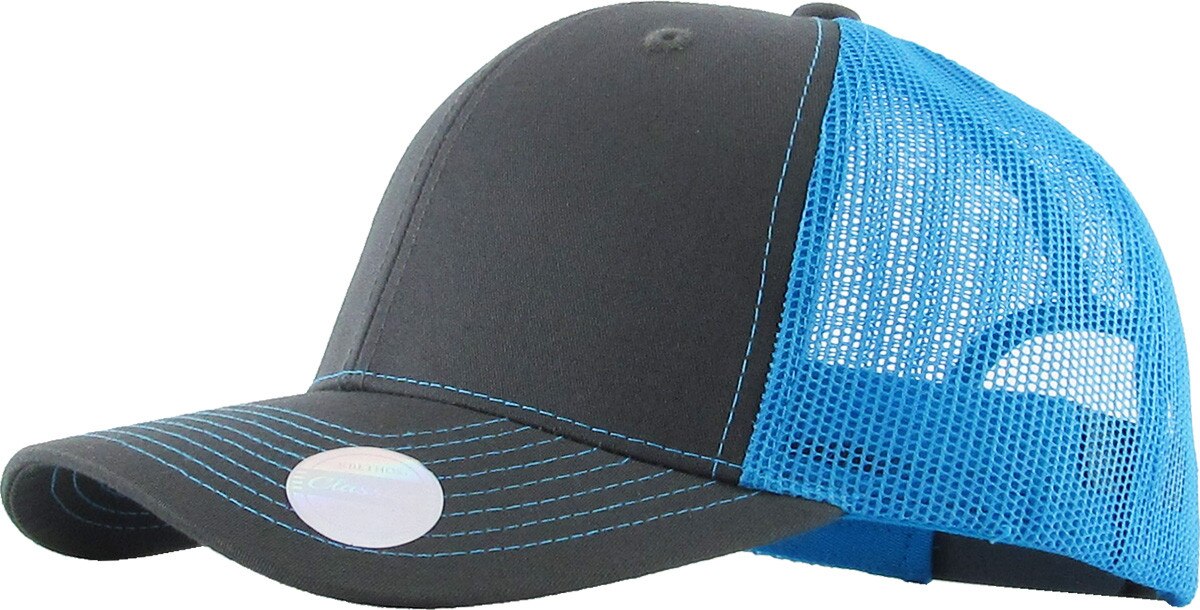 Dark Gray Neon Blue Two Tone Classic 6 Panel Trucker Mesh Snapback Side View